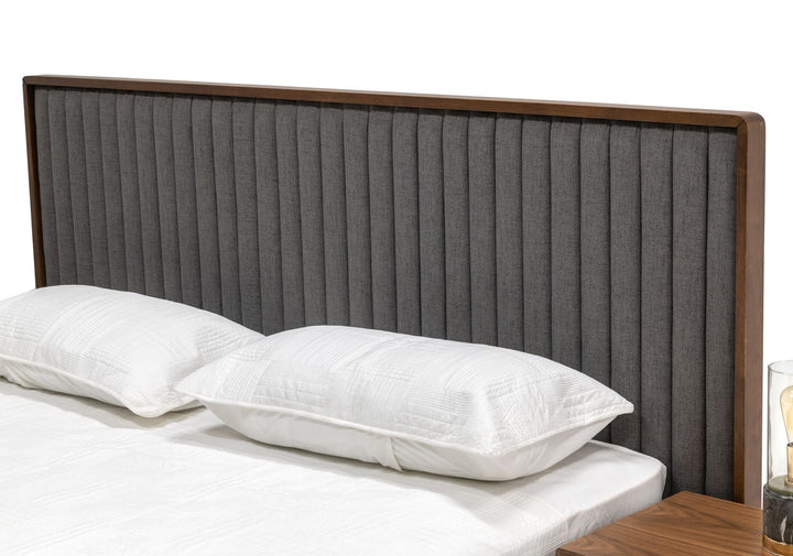 Metcalf - Mid-Century Walnut &amp; Grey Bed w/ Two Nightstands