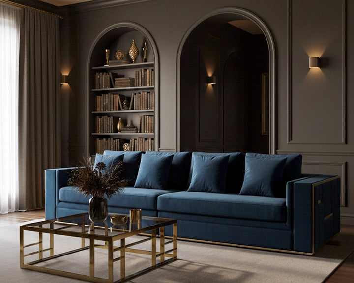 Mobray - Glam Blue  and  Gold Fabric Sofa