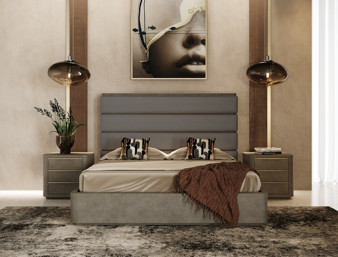 Lois - Modern Grey Leather  and  Beige Shagreen High Headboard Bed