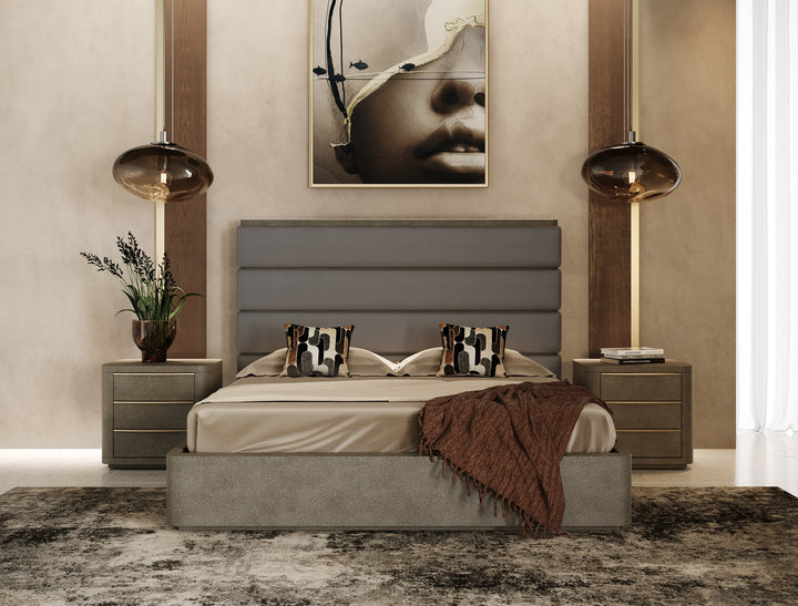 Lois - Modern Grey Leather  and  Beige Shagreen High Headboard Bed