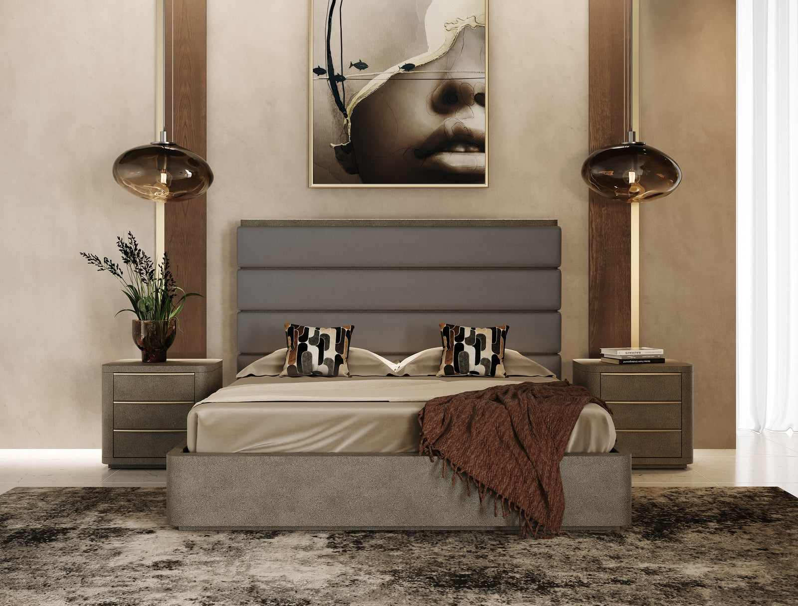 Lois - Modern Grey Leather & Beige Shagreen High Headboard Bed - View 6
