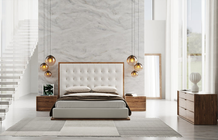 Amberlie - Modern White Vegan Leather + Walnut 4-Piece Bedroom Set