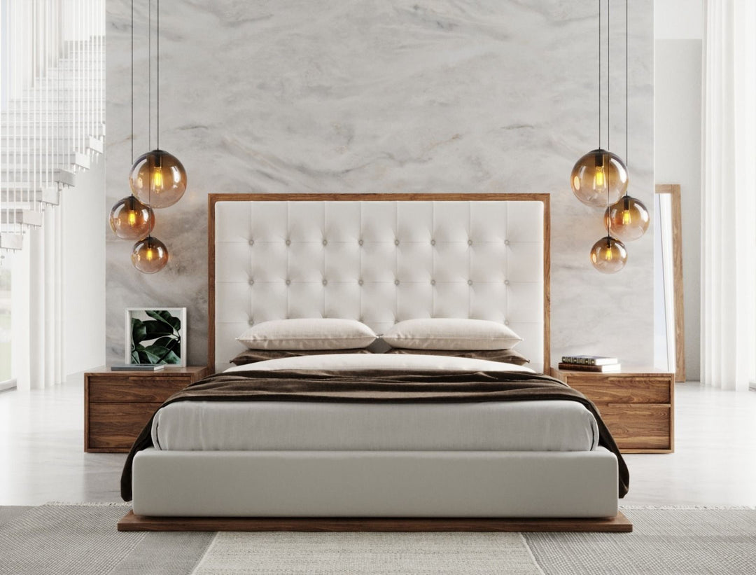 Amberlie  Eastern King White Vegan Leather & Walnut Bed