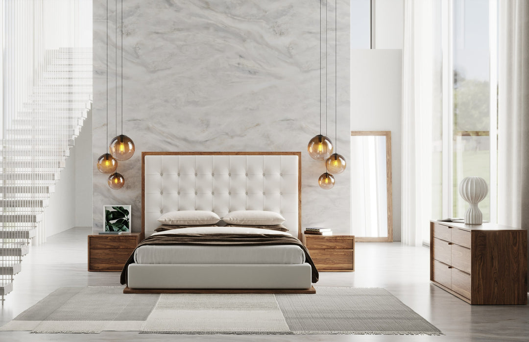 Eastern King Amberlie - Modern White Vegan Leather + Walnut 4-Piece Bedroom Set
