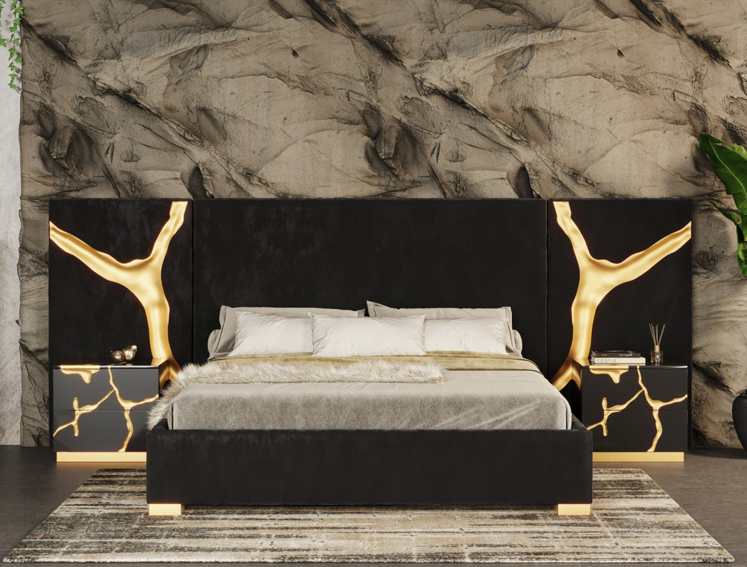 Aspen - Eastern King Glam Black Velvet  and  Gold Bed