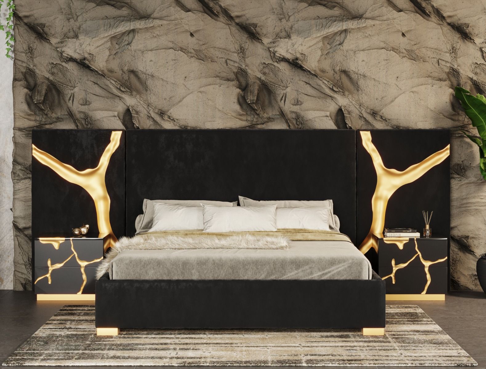 Aspen - Queen Glam Black Velvet  and  Gold Bed