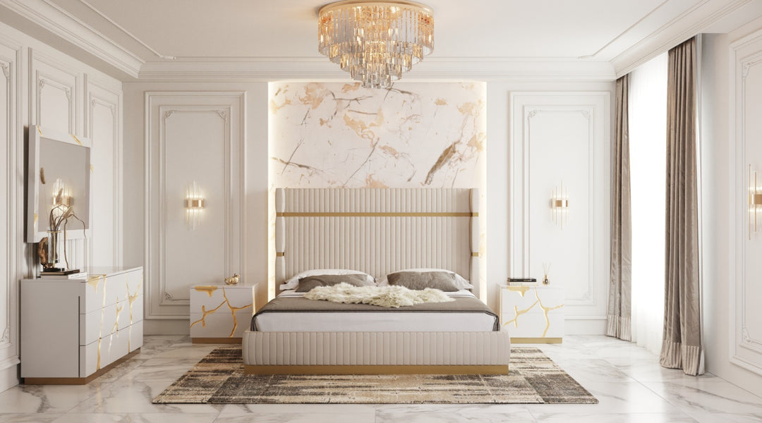 Sterling Modern Beige + Gold Bed + Nightstands