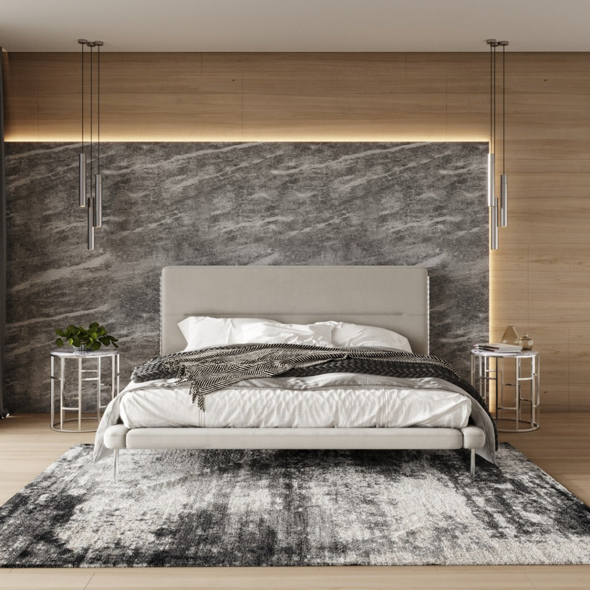 Bergeron - Contemporary Cream Woven Fabric Bed - View 3