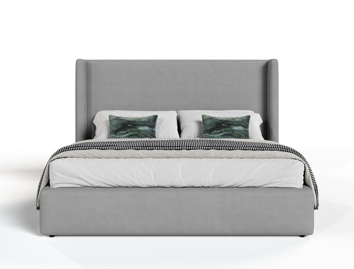 Byrne + Asus - Modern Grey Fabric + Elm Grey Bed & 2 Nightstands - View 2
