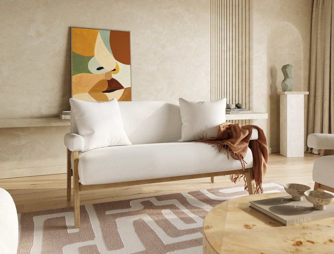 Cynthia  Modern White Fabric + Wood Loveseat