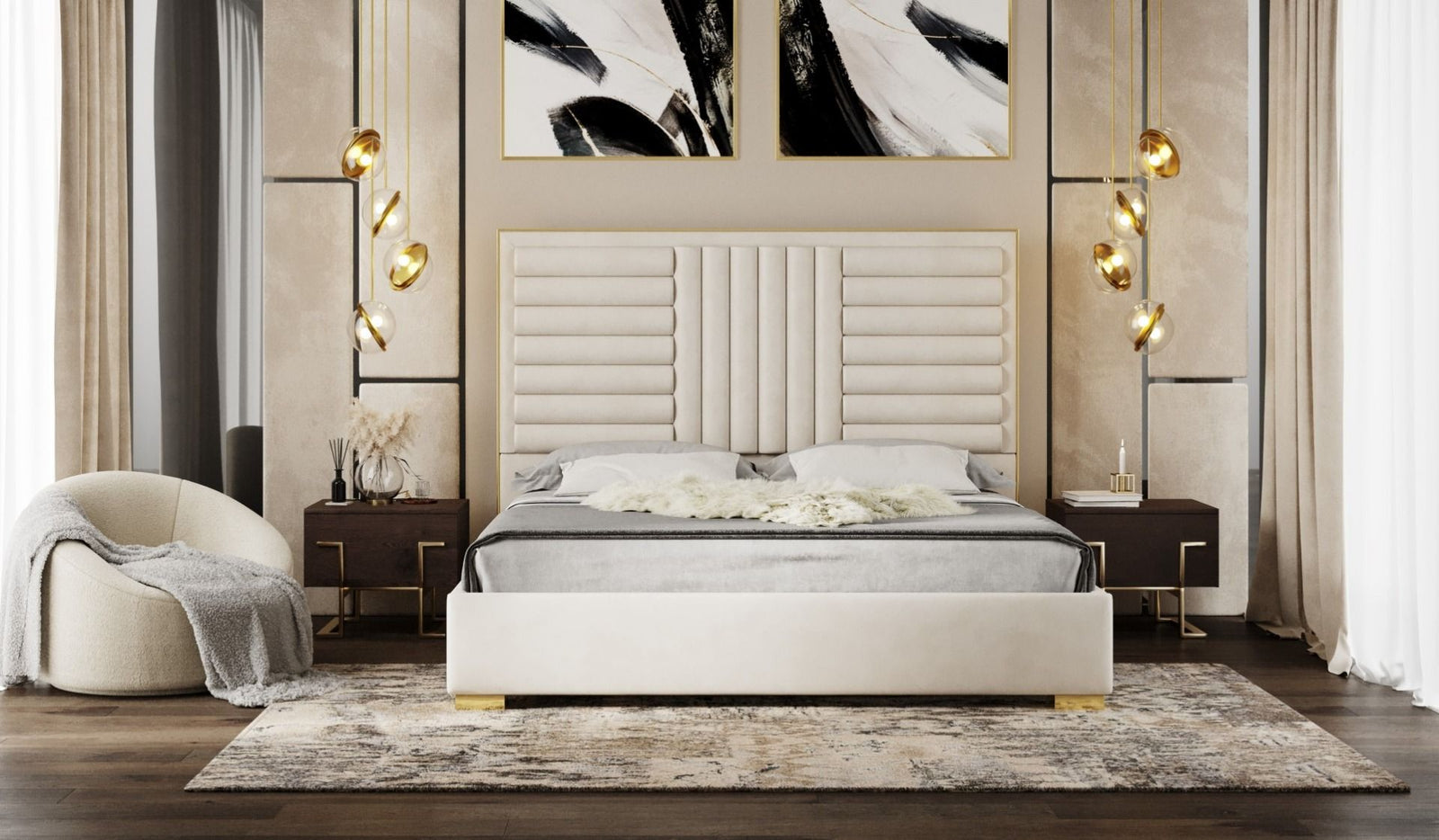 Queen Modrest Daystar - Modern Beige Velvet and Gold Bed