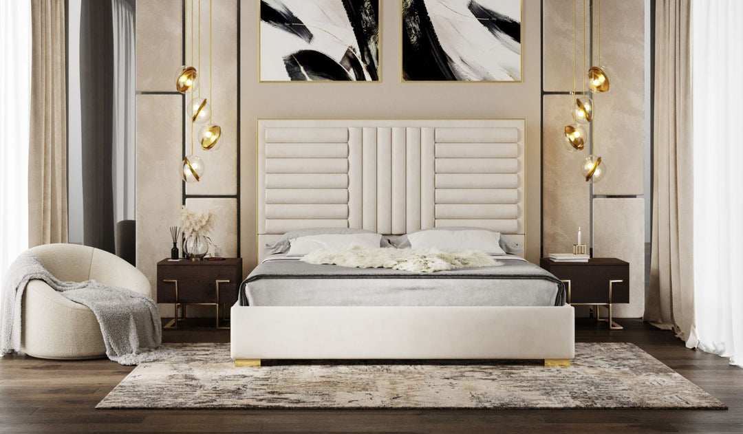 Eastern King Daystar - Modern Beige Velvet and Gold Bed