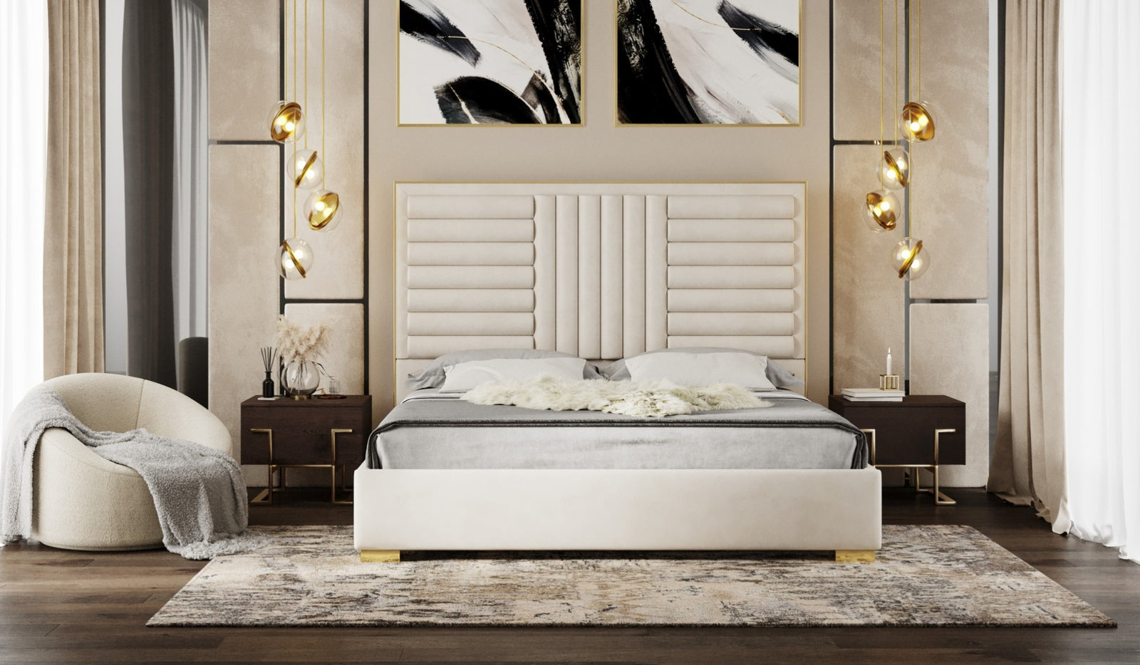 Daystar - Modern Beige Velvet & Gold Bed - View 4
