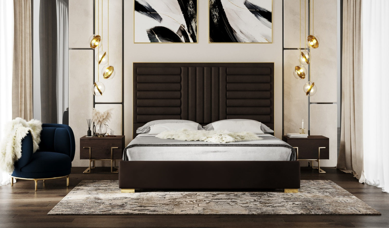Daystar - Modern Dark Brown Velvet & Gold Bed - View 5