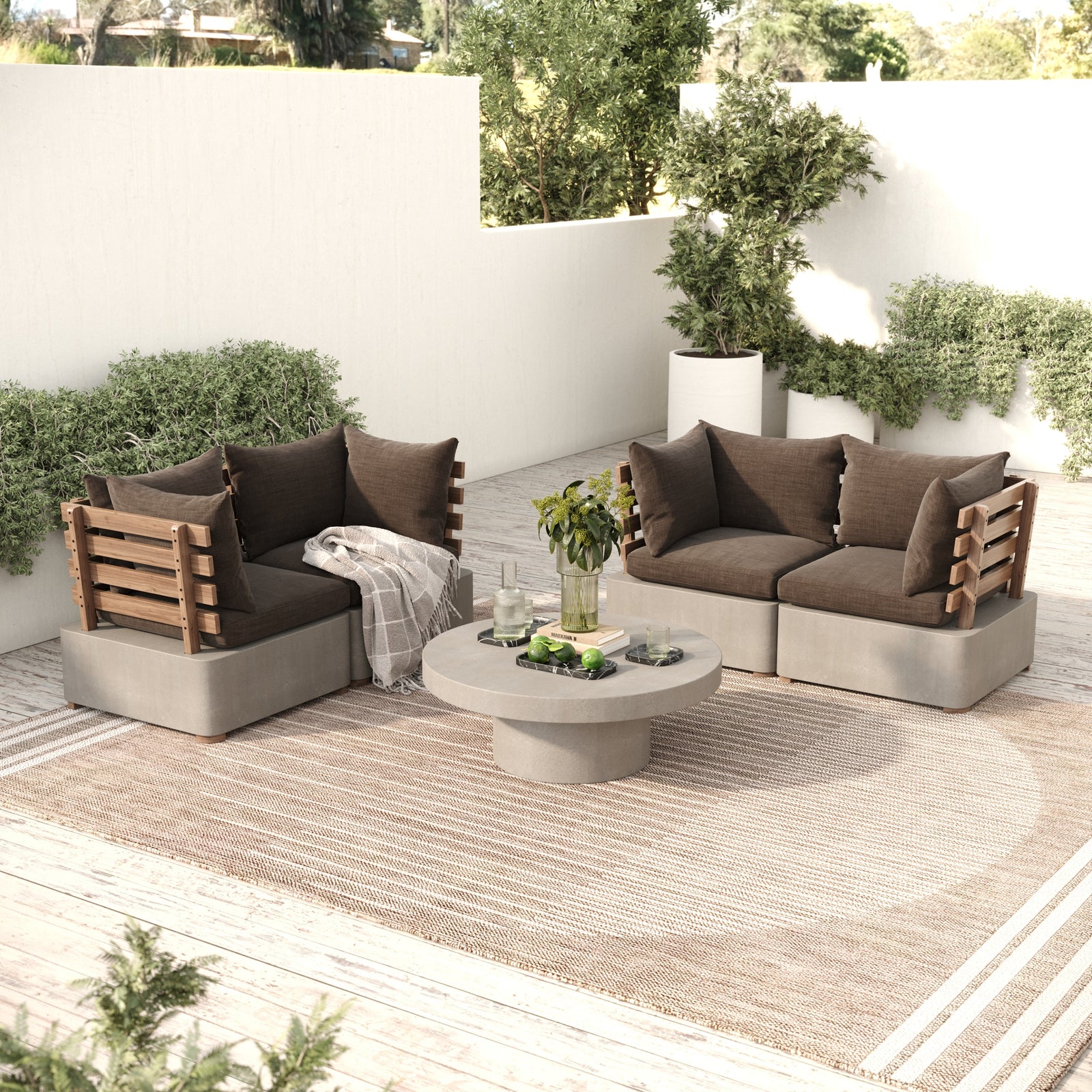 Garza Outdoor Concrete  and  Teak 2-Piece Corner Set