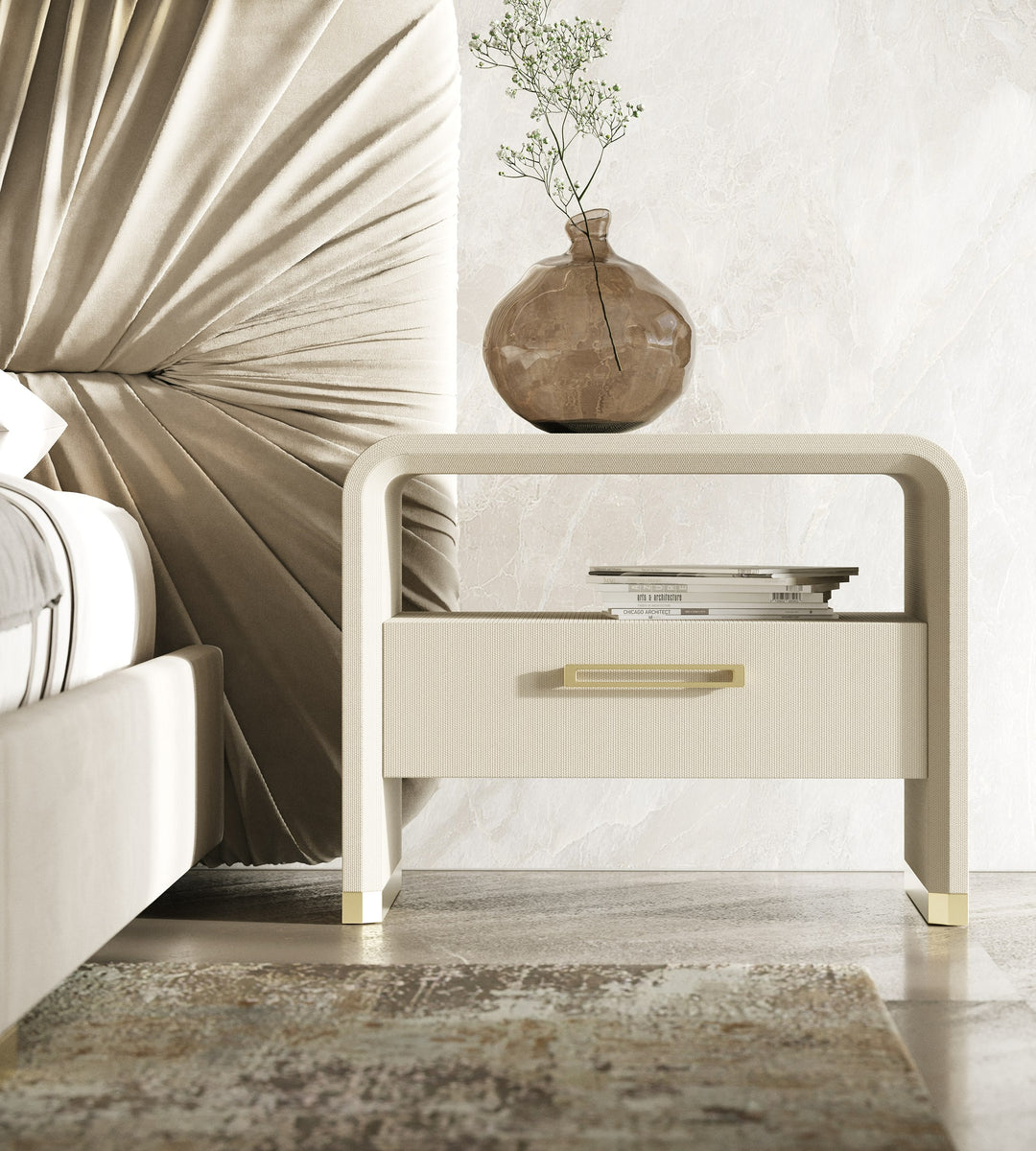Florence - Modern Beige Leatherette  Gold Nightstand