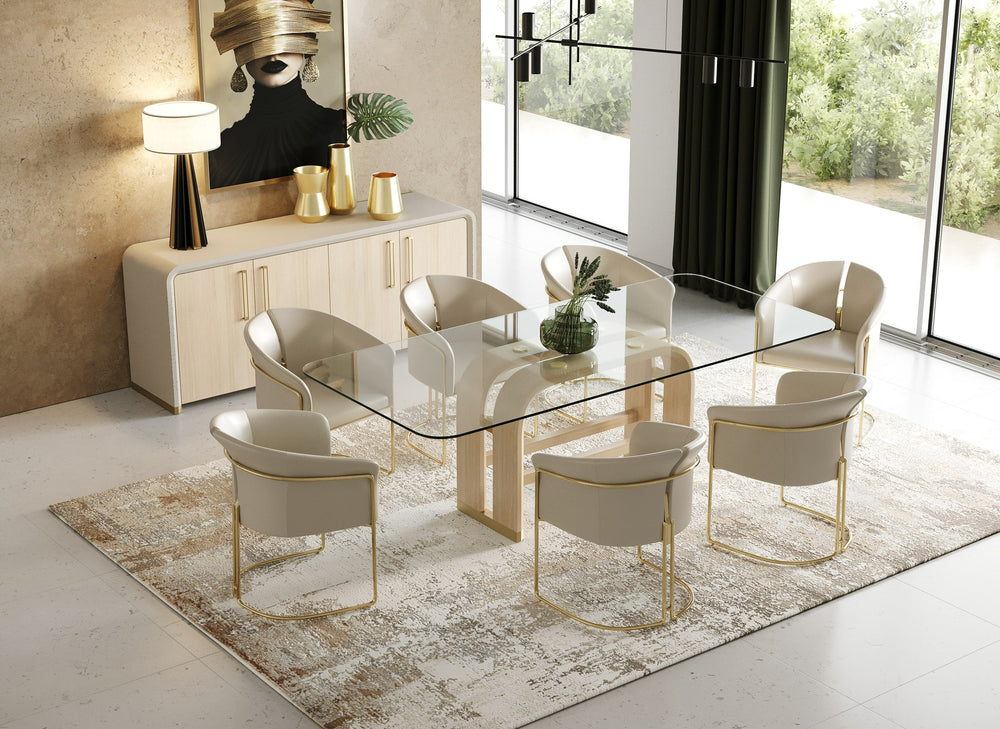 Florence - Modern Glass + Natural Oak + Gold Dining Table - View 10