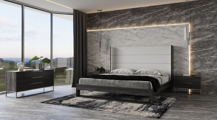 Heloise - Contemporary White Leather &amp; Grey Elm Trim Bed