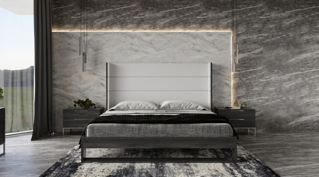 Heloise  Contemporary White Leather & Grey Elm Trim Bed
