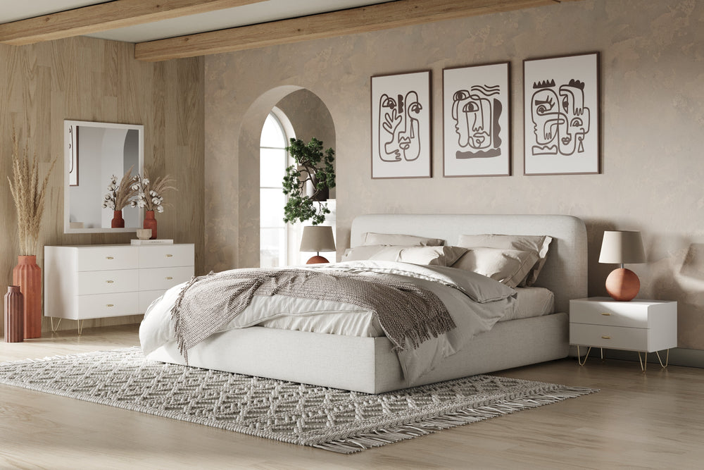 Liam - Modern Ivory Fabric Upholstered Bed - View 5