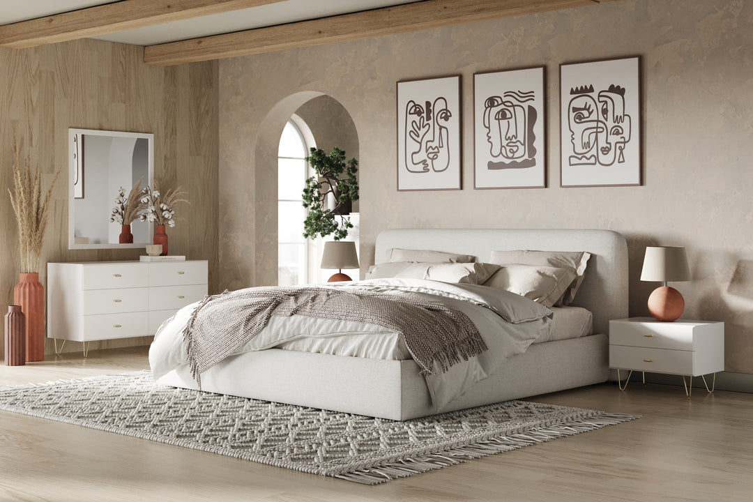 Liam - Modern Ivory Fabric Upholstered Bed