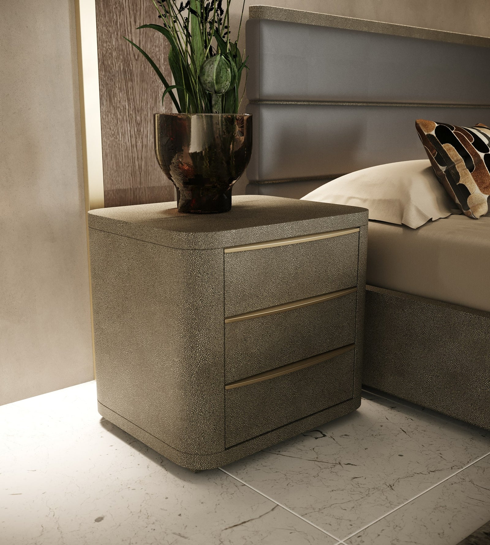Lois - Modern Beige Shagreen  Brass Nightstand