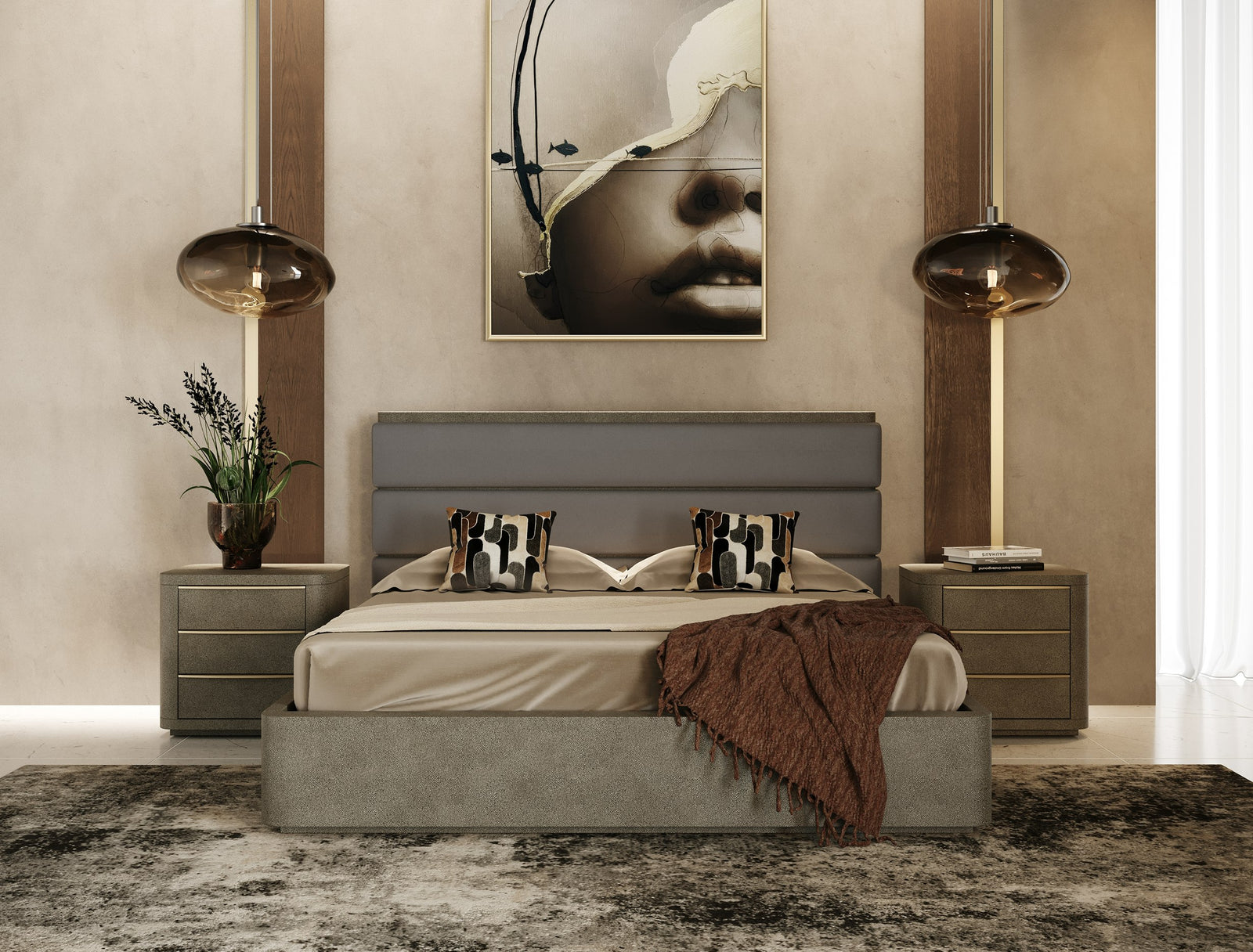 Lois - Modern Beige Shagreen  Brass Nightstand