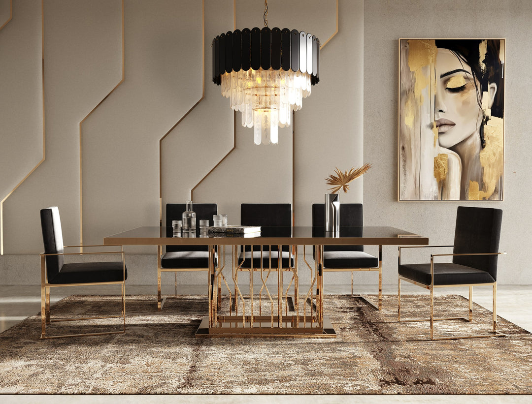 Marston Modern Black Glass & Rosegold Dining Table