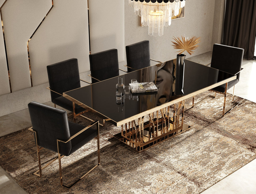 Marston Modern Black Glass & Rosegold Dining Table