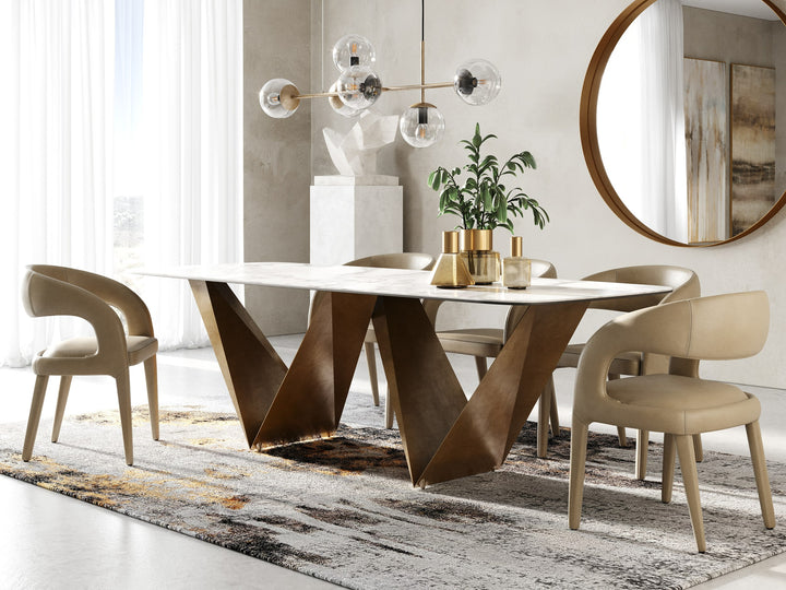 Melanie - Modern White Ceramic &amp; Brushed Brown Dining Table