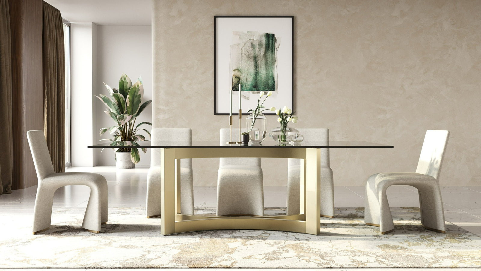 Mingus - Modern Glass  Brushed Brass Rectangualr Dining Table