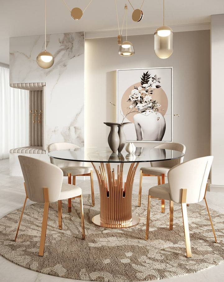 Paxton Modern Round Glass &amp; Rosegold Dining Table