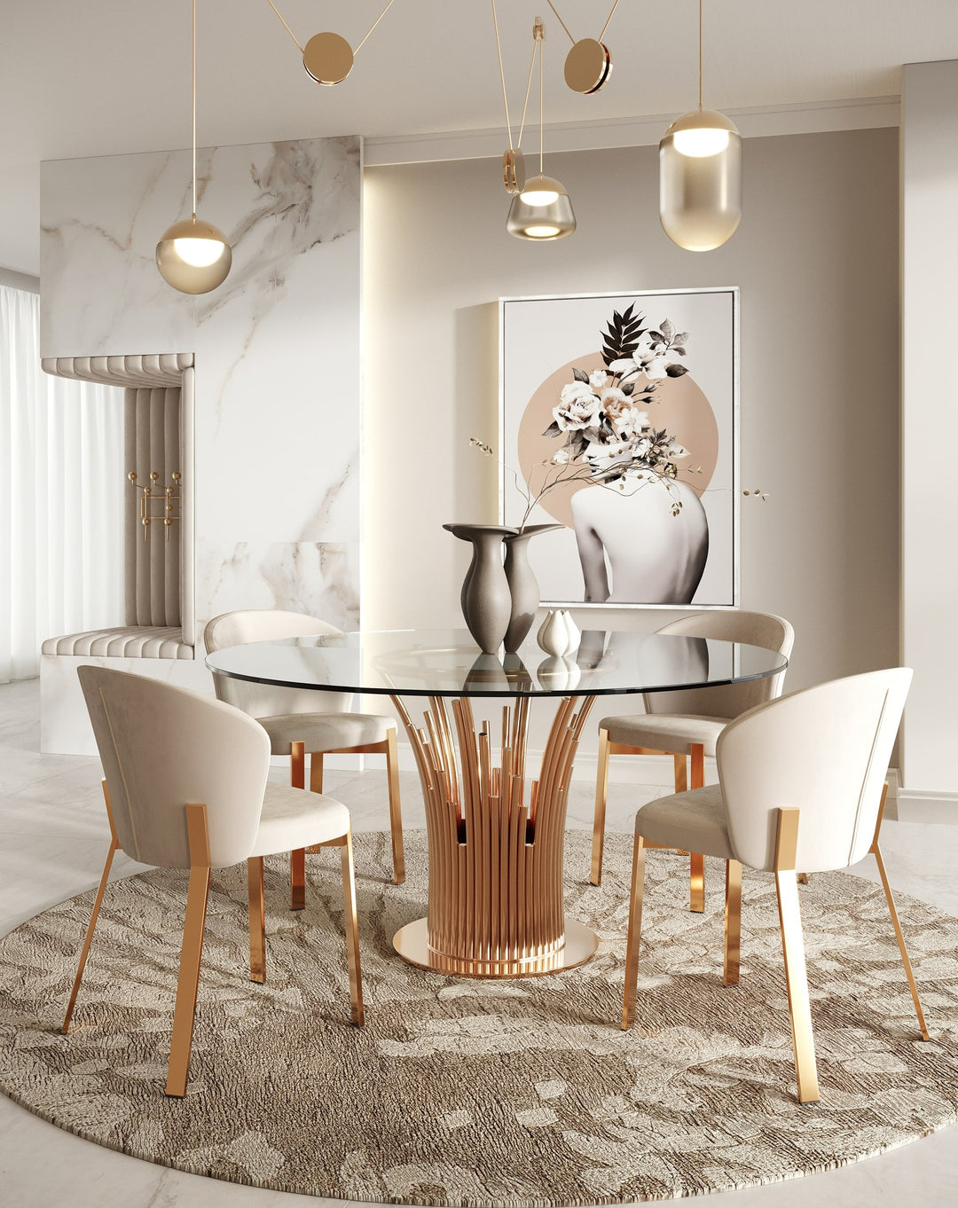 Paxton Modern Round Glass & Rosegold Dining Table