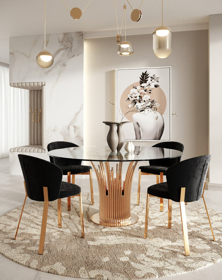 Paxton Modern Round Glass &amp; Rosegold Dining Table