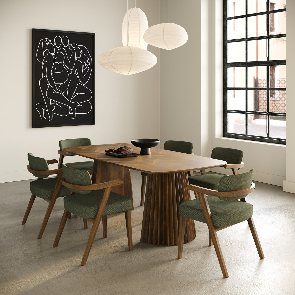 Sacks - Mid-Century Modern Green Fabric + Herringbone Walnut Dining Set