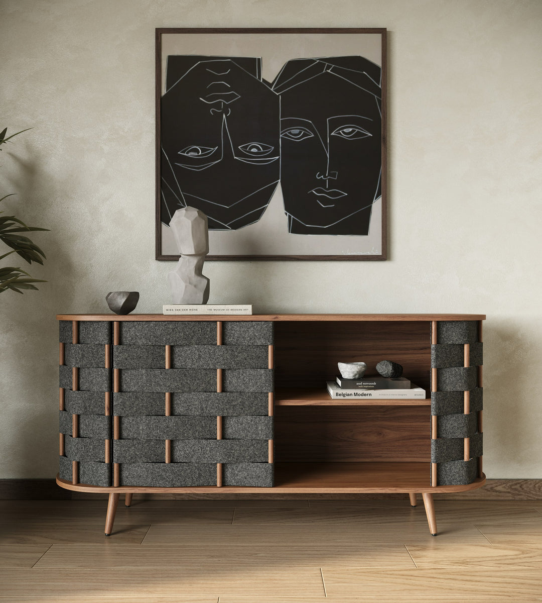 Sheridan  Mid-Century Modern Grey Fabric + Walnut Buffet