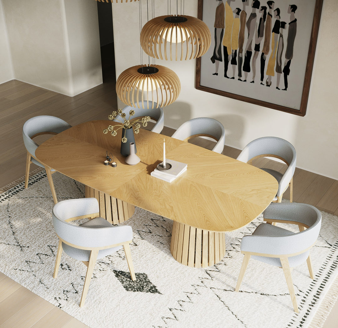 Truman - Mid-Century Modern Natural Oak Extendable Dining Table + 6 Chairs Set