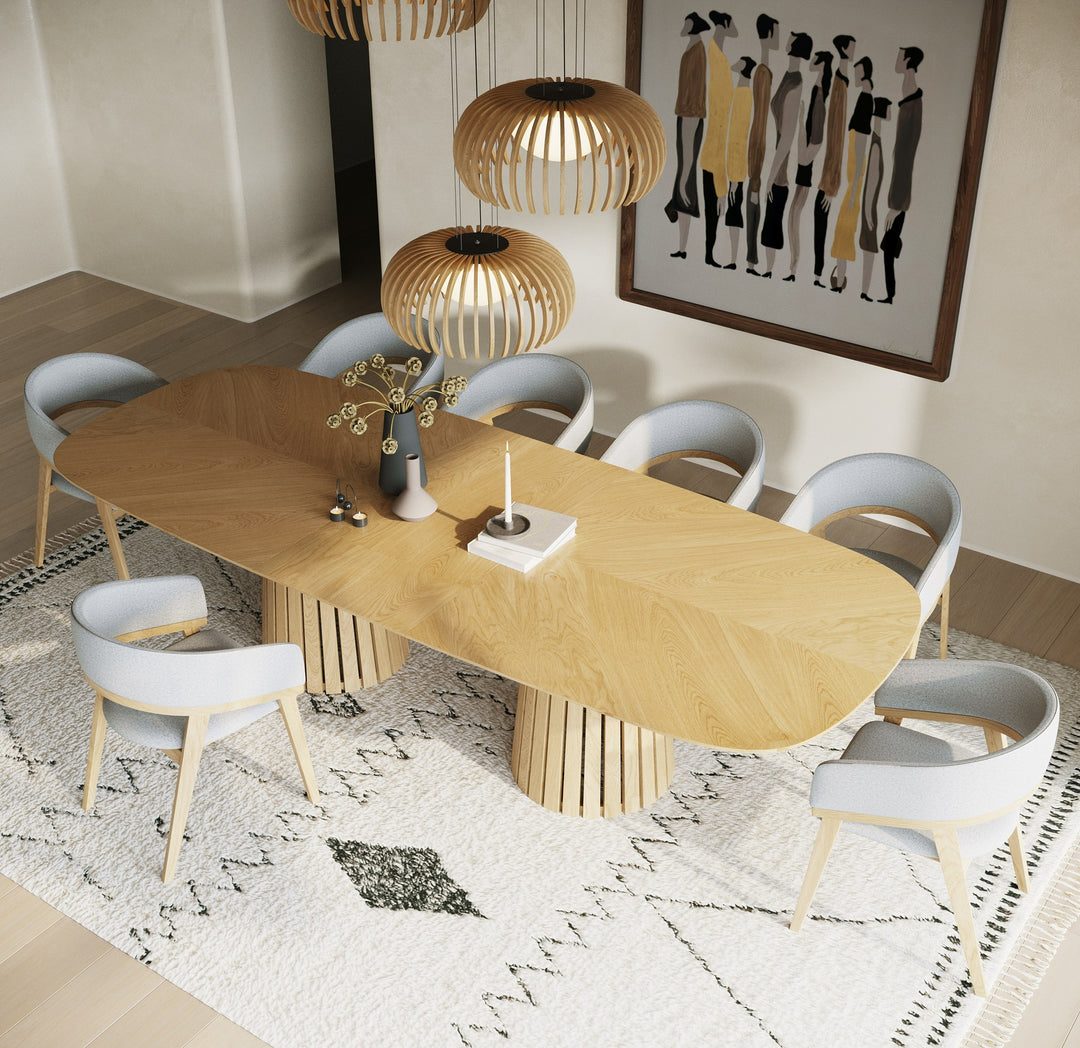 Truman - Mid-Century Modern Natural Oak Extendable Dining Table + 10 Chairs Set