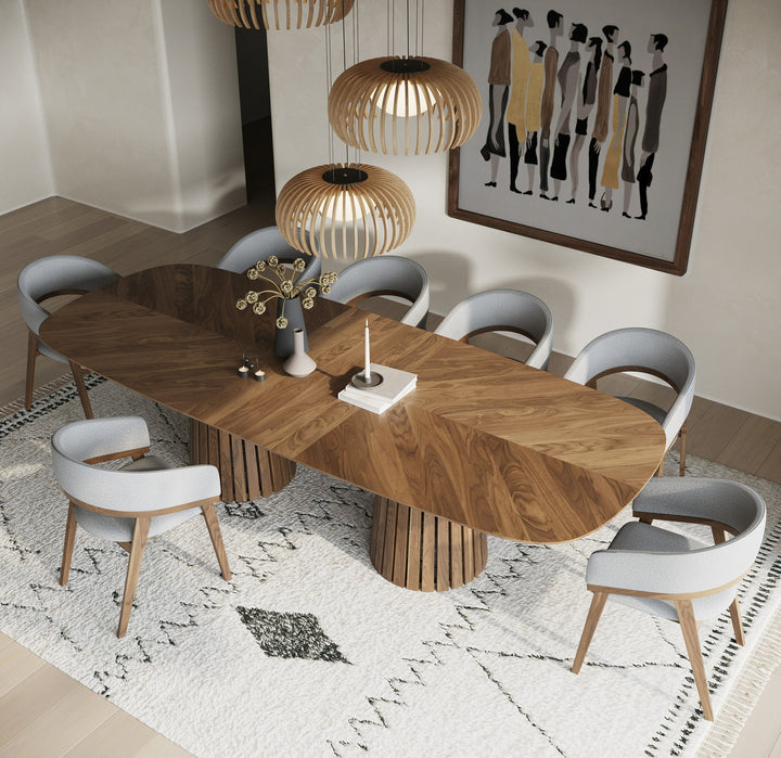 Truman - Mid-Century Modern Walnut Extendable Dining Table  8 Chairs Set