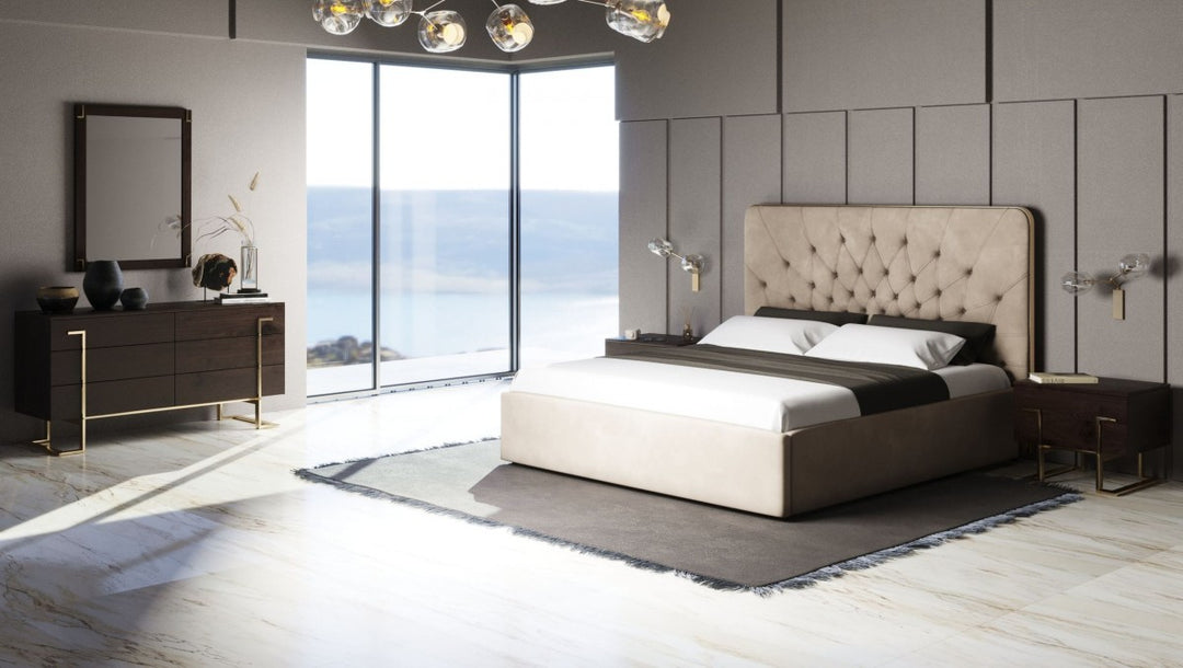 Moontide - Glam Beige Velvet and Brushed Brass Bedroom Set