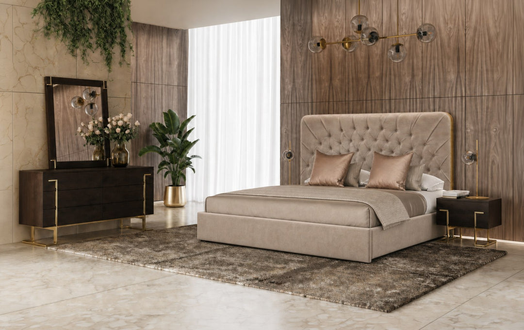 Moontide - Glam Beige Velvet and Brushed Brass Bedroom Set