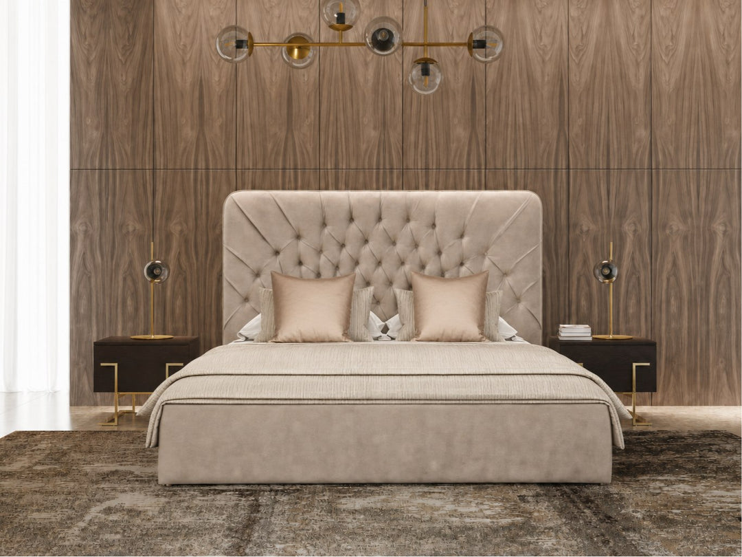 Moontide - Glam Beige Velvet and Brushed Brass Bedroom Set
