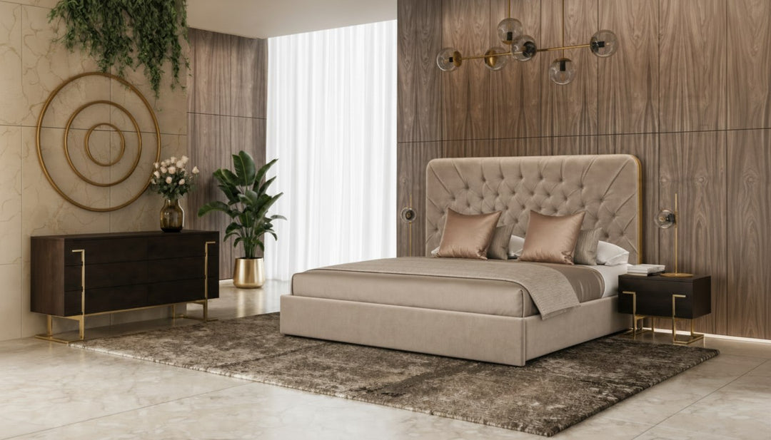 Moontide - Glam Beige Velvet and Brushed Brass 4-Piece Bedroom Set