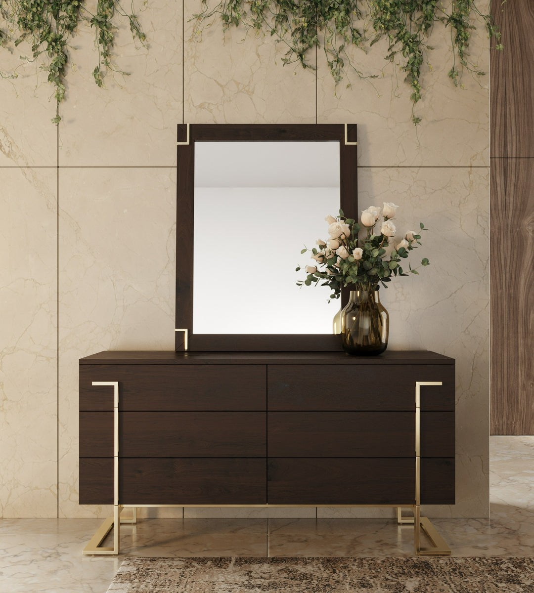 Moontide - Glam Beige Velvet and Brushed Brass 4-Piece Bedroom Set