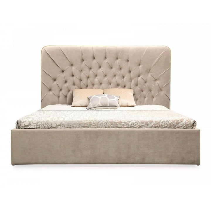 Moontide - Glam Beige Velvet and Brushed Brass Bed