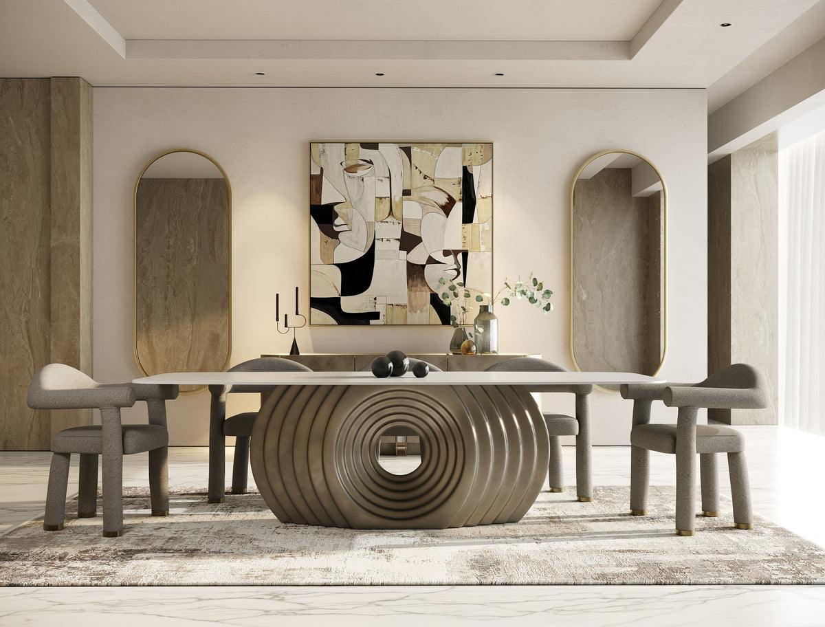Moorgate - Modern Travertine Ceramic + Bronze Dining Table