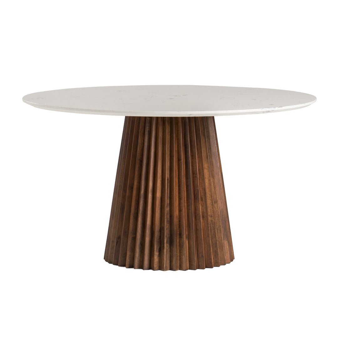 Nancy  Mid-Century Modern White Marble + Walnut Round Dining Table