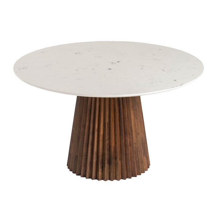 Nancy  Mid-Century Modern White Marble + Walnut Round Dining Table