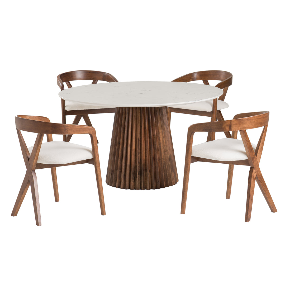 Nancy - Mid-Century Modern White Marble + Walnut Round Dining Table