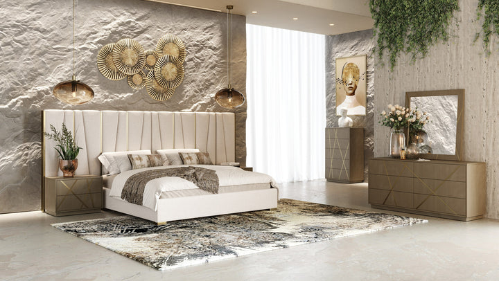 Nixa  Modern Beige Velvet + Brushed Bronze Bed